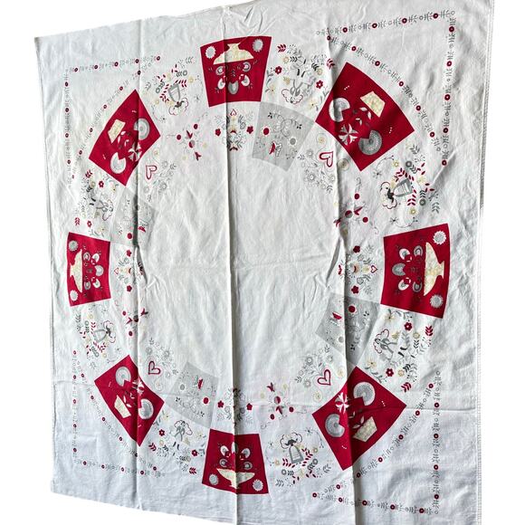 Red & white cotton tablecloth Pennsylvania Dutch motif mid century minor FLAWS - Picture 7 of 10